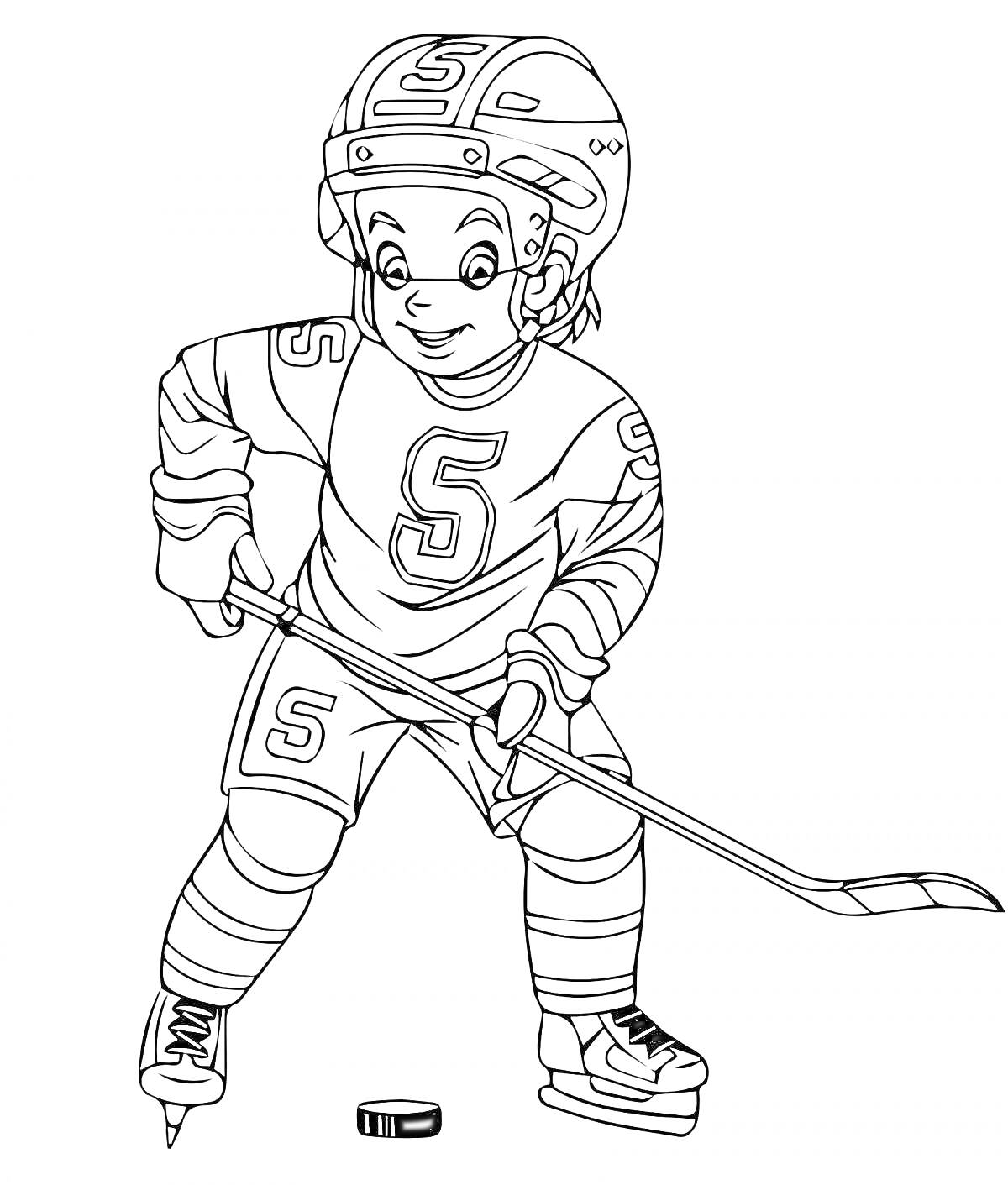 На раскраске изображено: Хоккеист, Клюшка, Шайба, Защитный шлем, Спортивная форма, Спорт, Хоккей, Экипировка, Коньки
