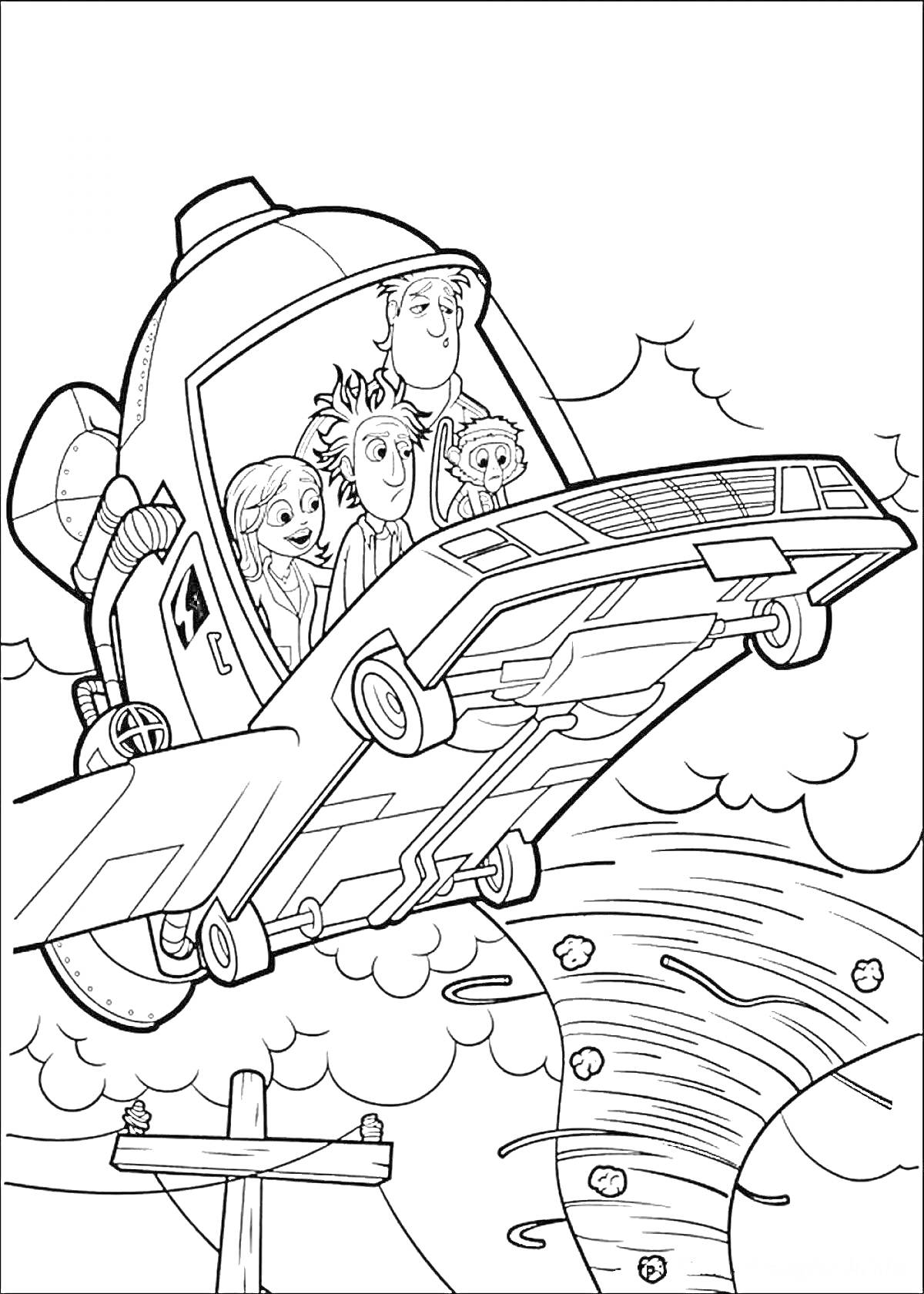 Раскраска Летательный аппарат с четырьмя персонажами внутри, летящий над торнадо из фрикаделек, облаками и электрическим столбом.