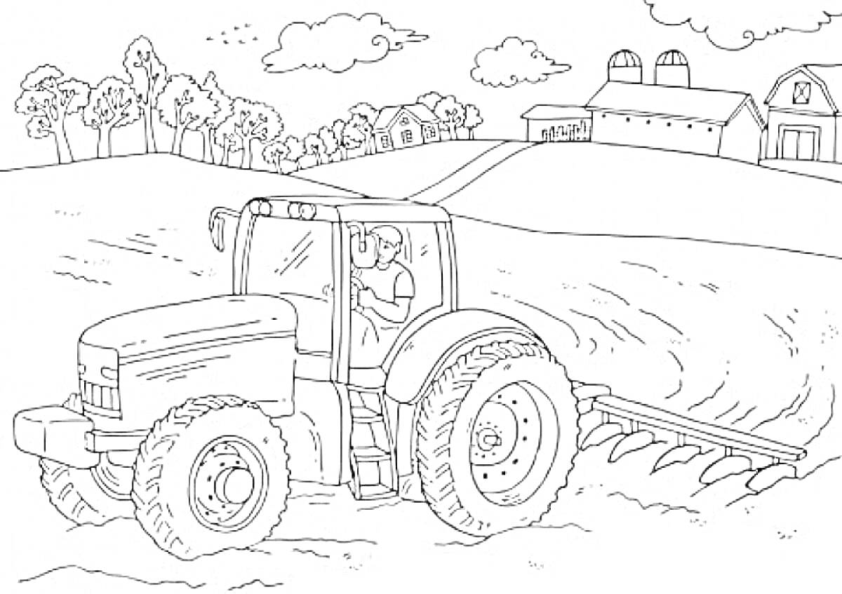 На раскраске изображено: Трактор, Сельское хозяйство, Ферма, Амбар, Поле, Деревья, Облака, Сельская местность