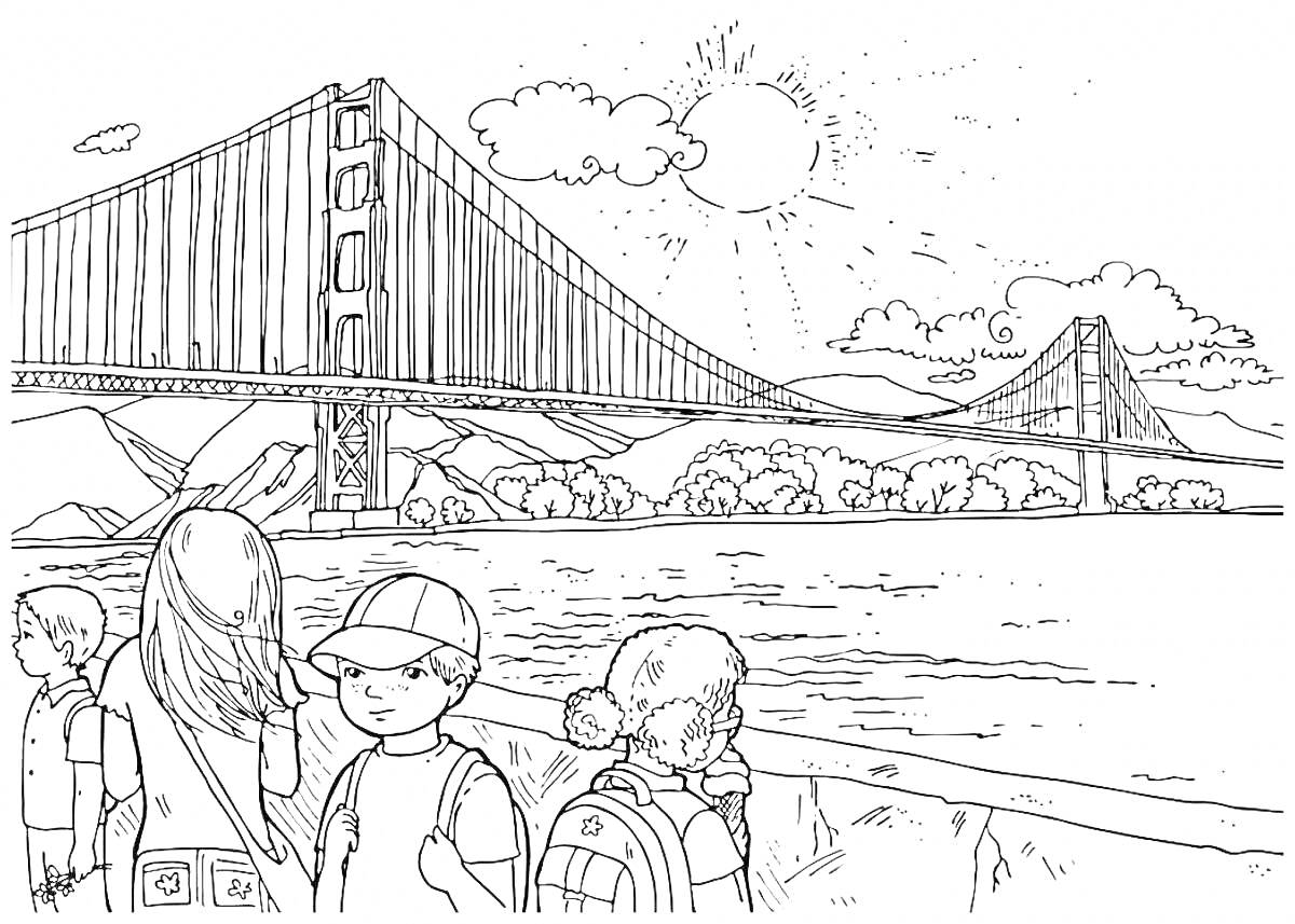 Раскраска Мост через реку, подростки смотрят на мост. На заднем плане - горы, река, облака, солнце с лучами. На переднем плане - пятеро подростков у перил, трое из них со школьными рюкзаками.