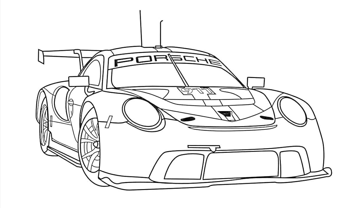На раскраске изображено: Porsche, Гоночный автомобиль, Антикрыло, Колёса, Спорткар, Трасса