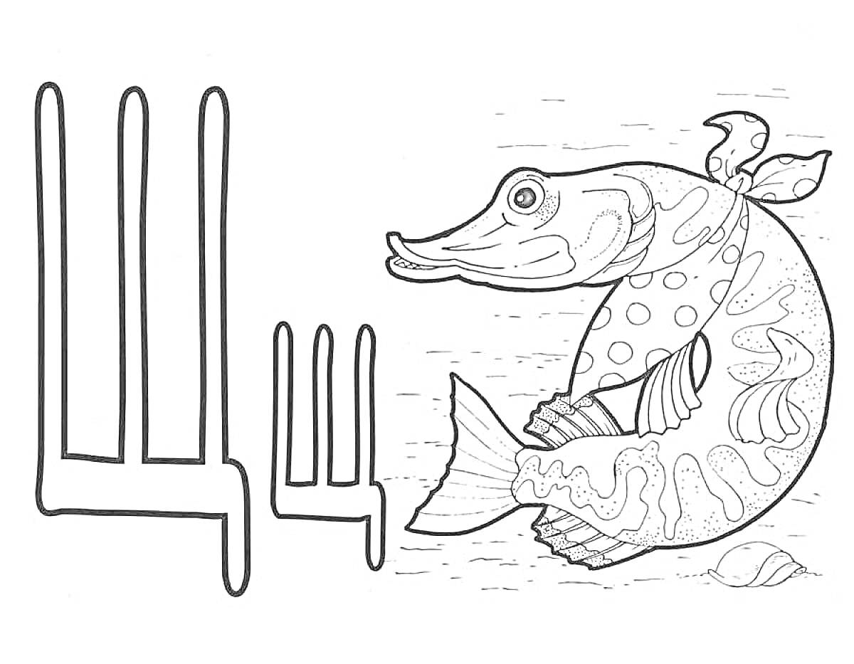 Раскраска Буква Щ с изображением рыбы-щуки и ракушки