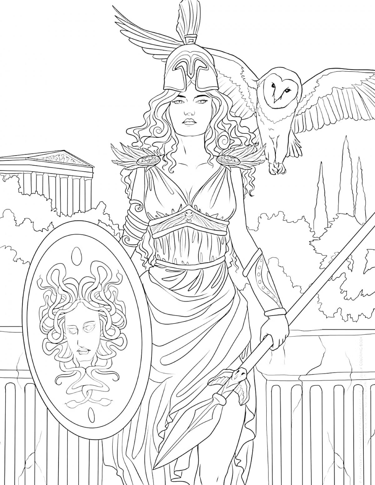 На раскраске изображено: Античность, Афина, Сова, Щит, Храм, Медуза, Греция, Греческая мифология, Мифические существа