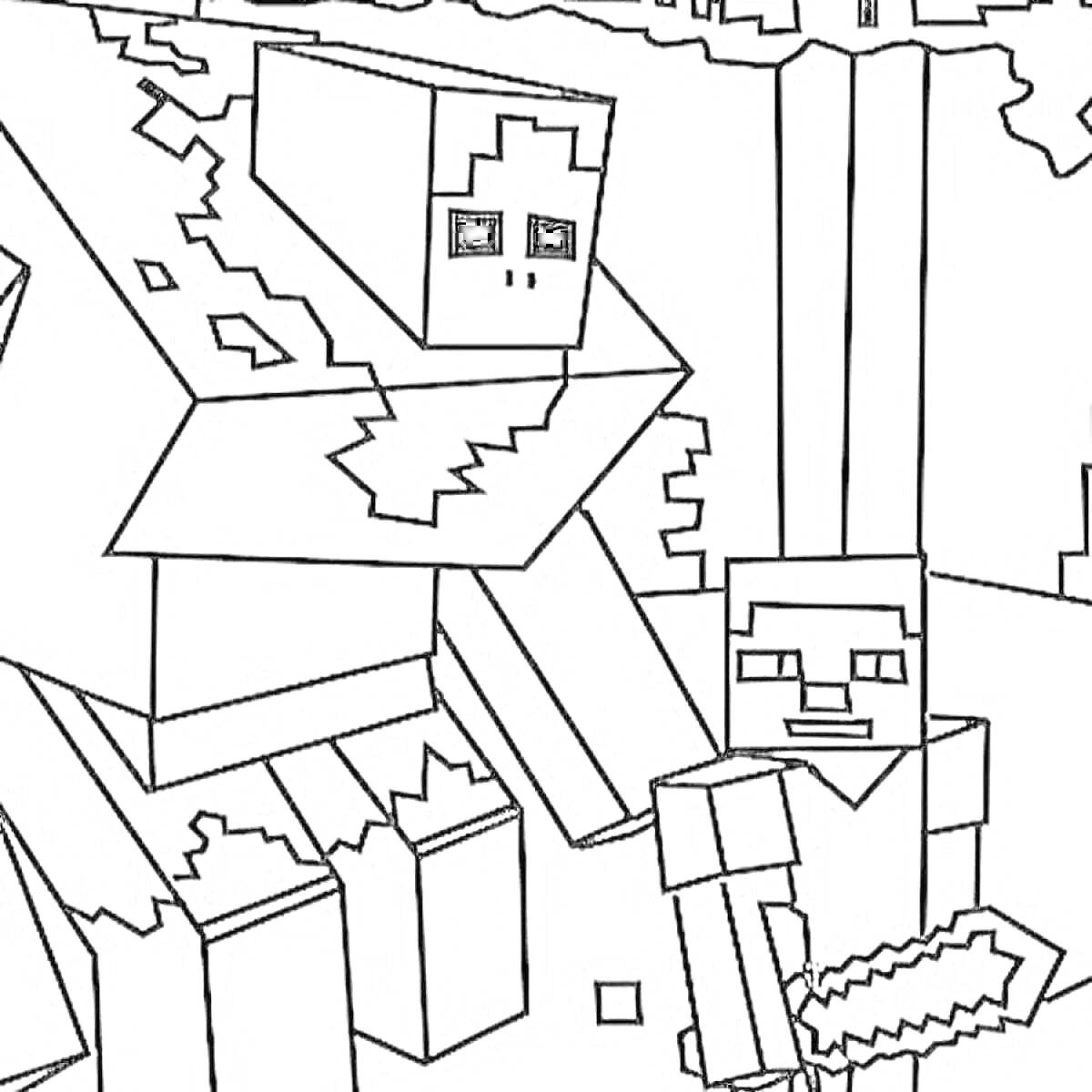На раскраске изображено: Сиреноголовый, Майнкрафт, Меч, Квадратные формы, Пиксельное искусство, Игровой мир