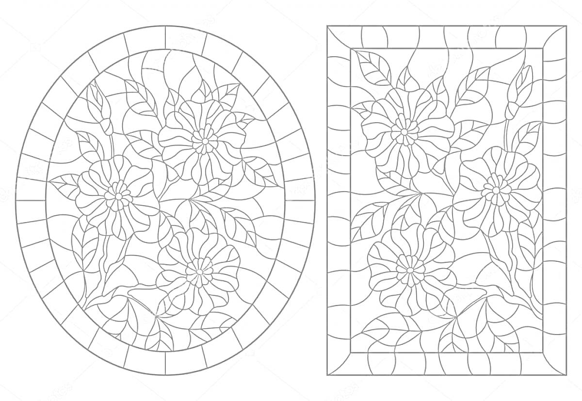 Раскраска Мозаика с цветами и листьями в овальной и прямоугольной рамках