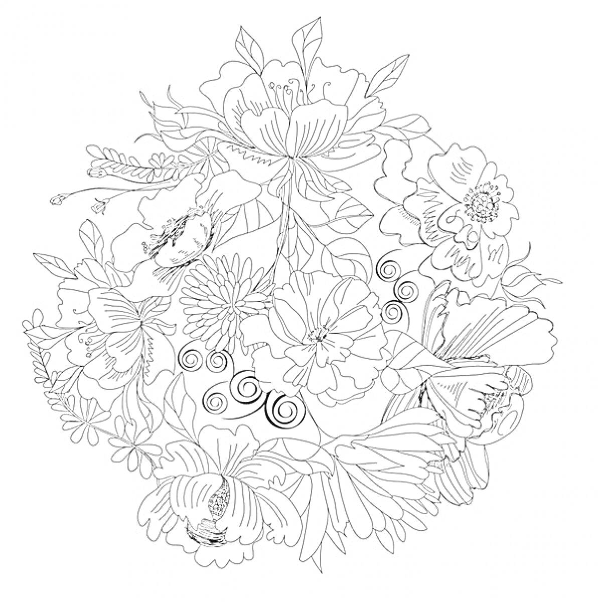Раскраска Букет цветов с листьями, бабочками и веточками