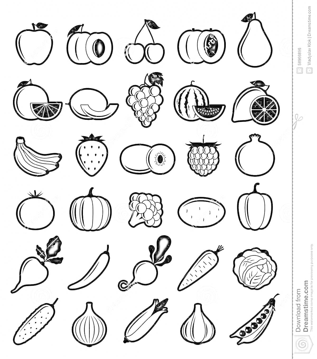 Раскраска Наклейки с фруктами и овощами: яблоко, вишня, персик, груша, апельсин, дыня, виноград, арбуз, банан, клубника, киви, малина, цитрус, тыква, брокколи, томат, баклажан, редис, морковь, капуста, огурец, лук, чеснок, горох