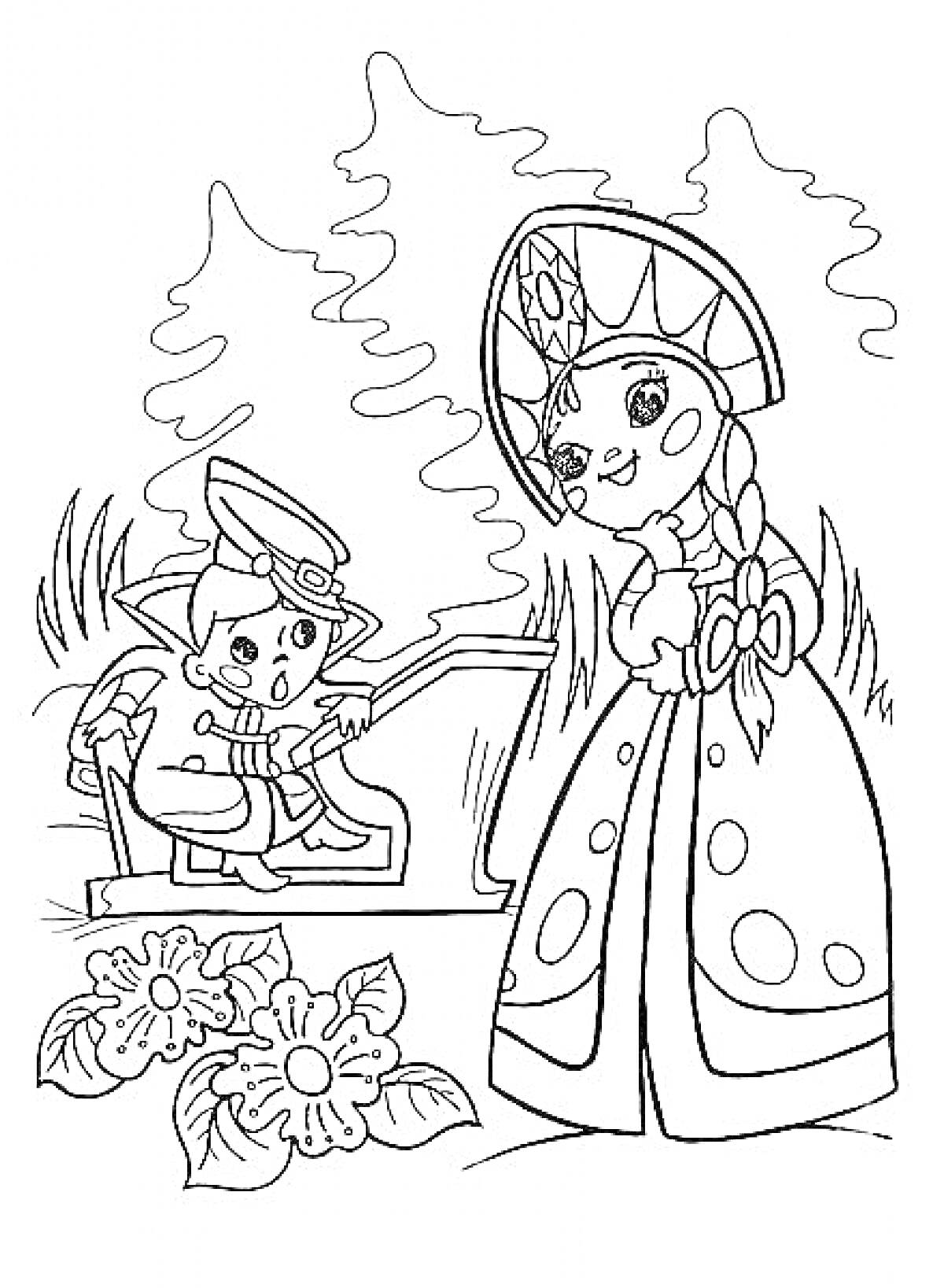 Раскраска Вовка на лавочке и девушка в кокошнике с цветами на переднем плане