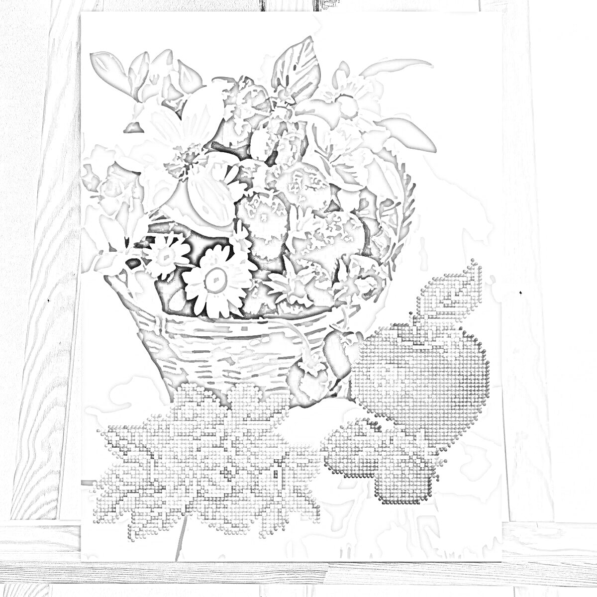 Раскраска Корзина с цветами и ягодами, белые цветы, ромашки, розовые цветы, клубника, гранат