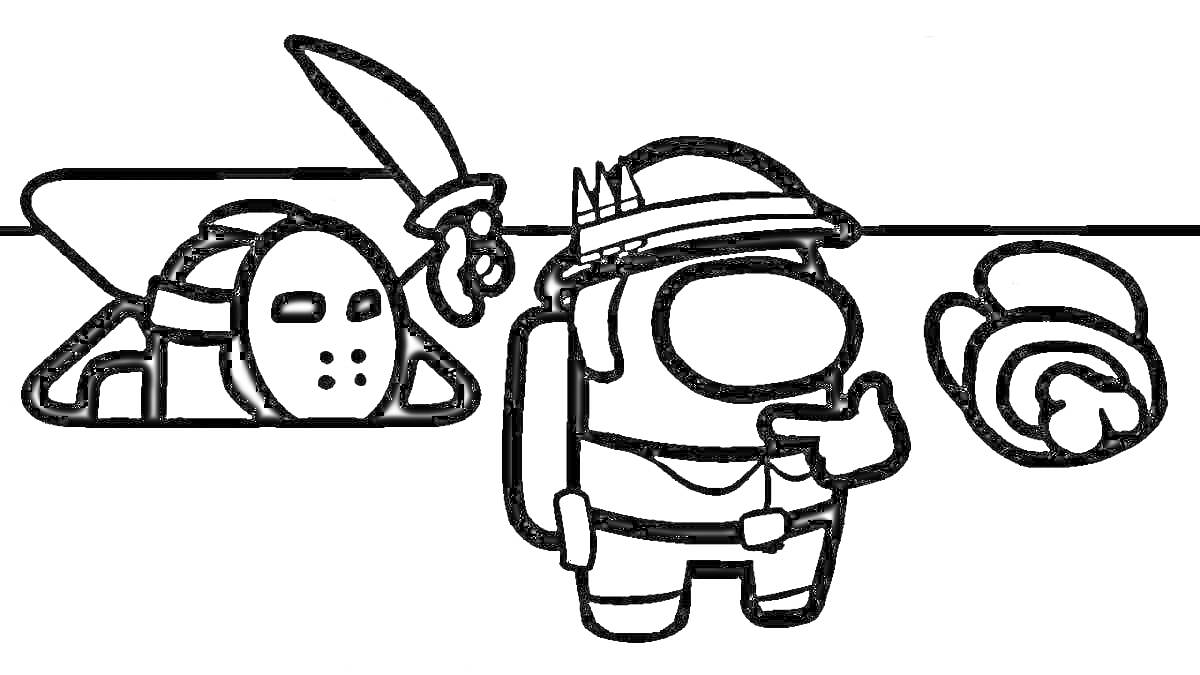 Раскраска Персонажи игры Амонг Ас - один из них вооружён ножом и прячется, другой одет в шапку и находится рядом с шляпой