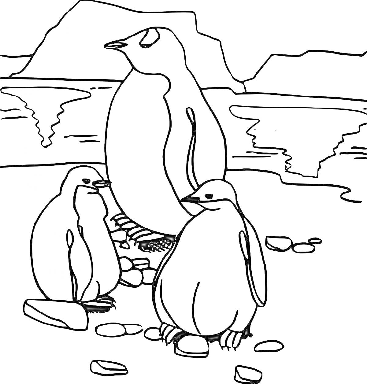 Раскраска Пингвины на льдине с горами и водой на заднем плане