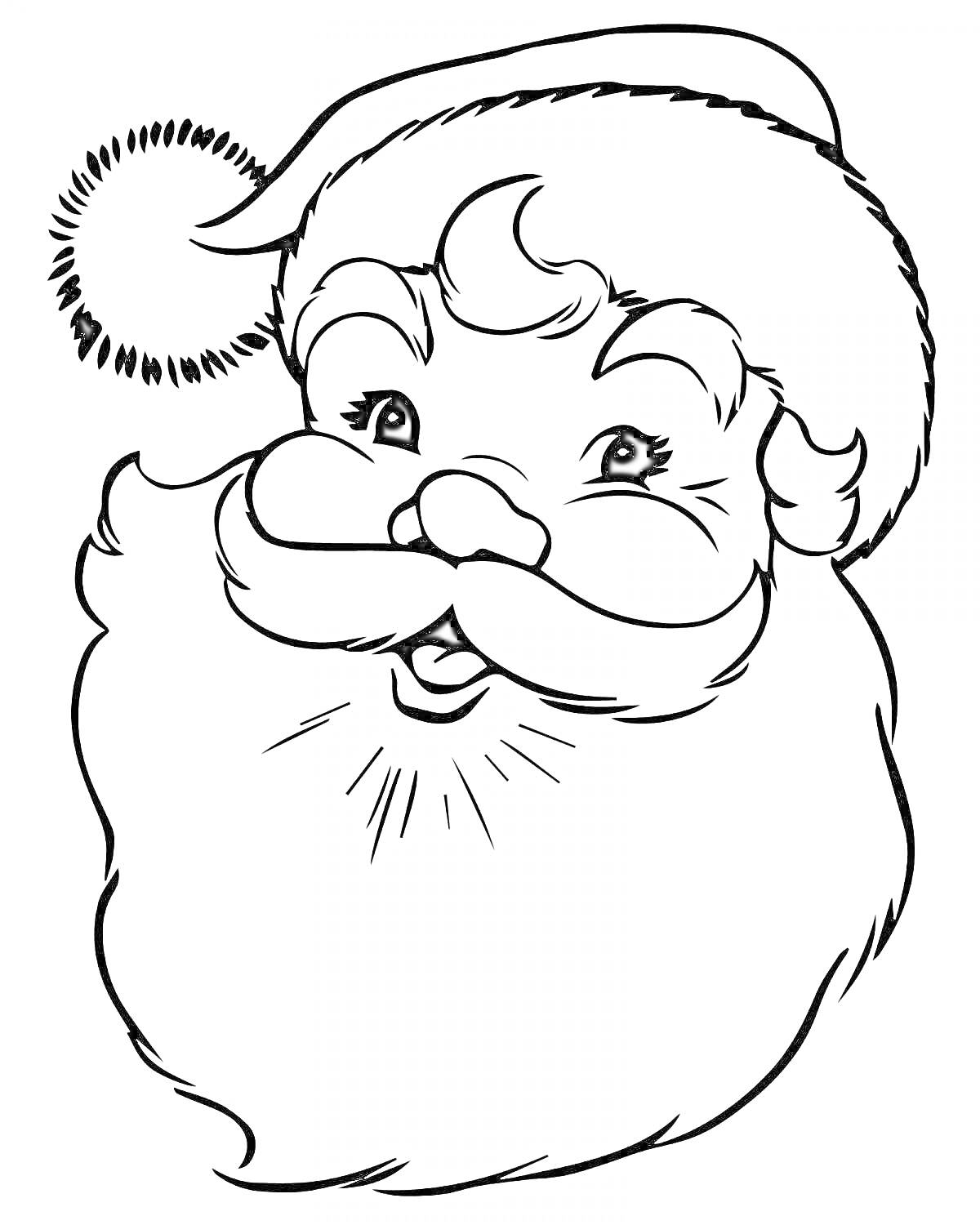 На раскраске изображено: Санта клаус, Шапка, Борода, Рождество, Улыбка