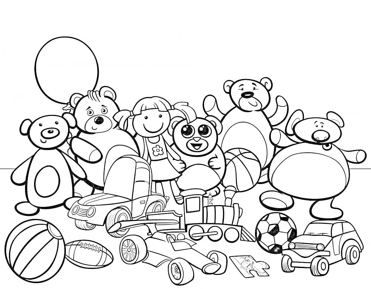 На раскраске изображено: Фабрика игрушек, Кукла, Поезд, Мячи, Игрушки, Плюшевый медведь