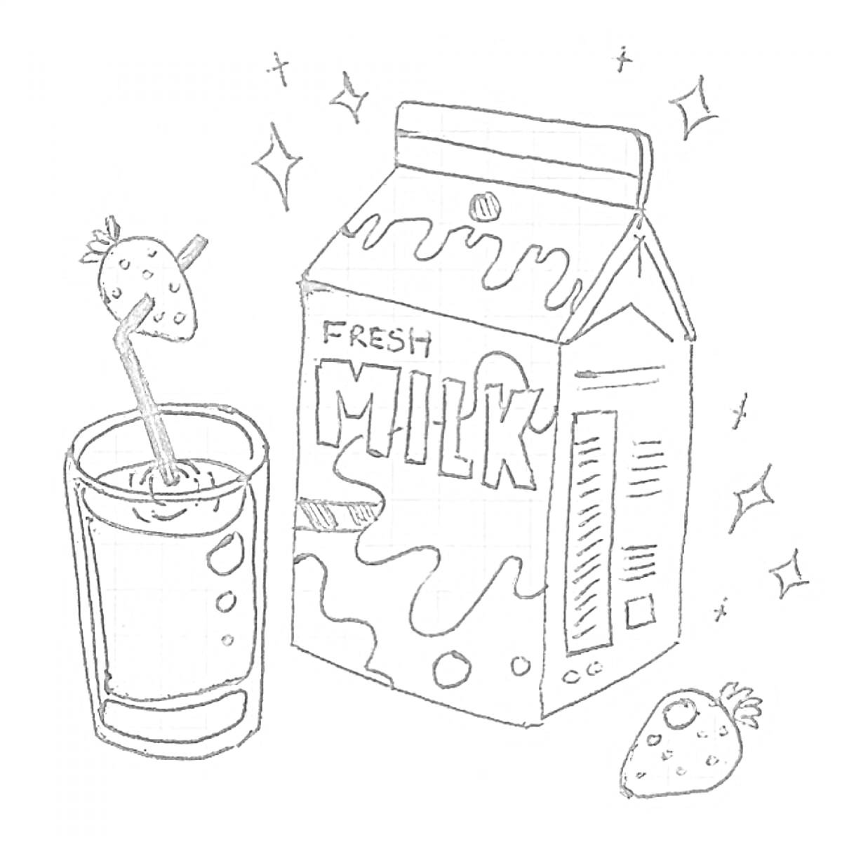 На раскраске изображено: Молоко, Стакан, Пакет молока, Клубника, Звезды, Напиток