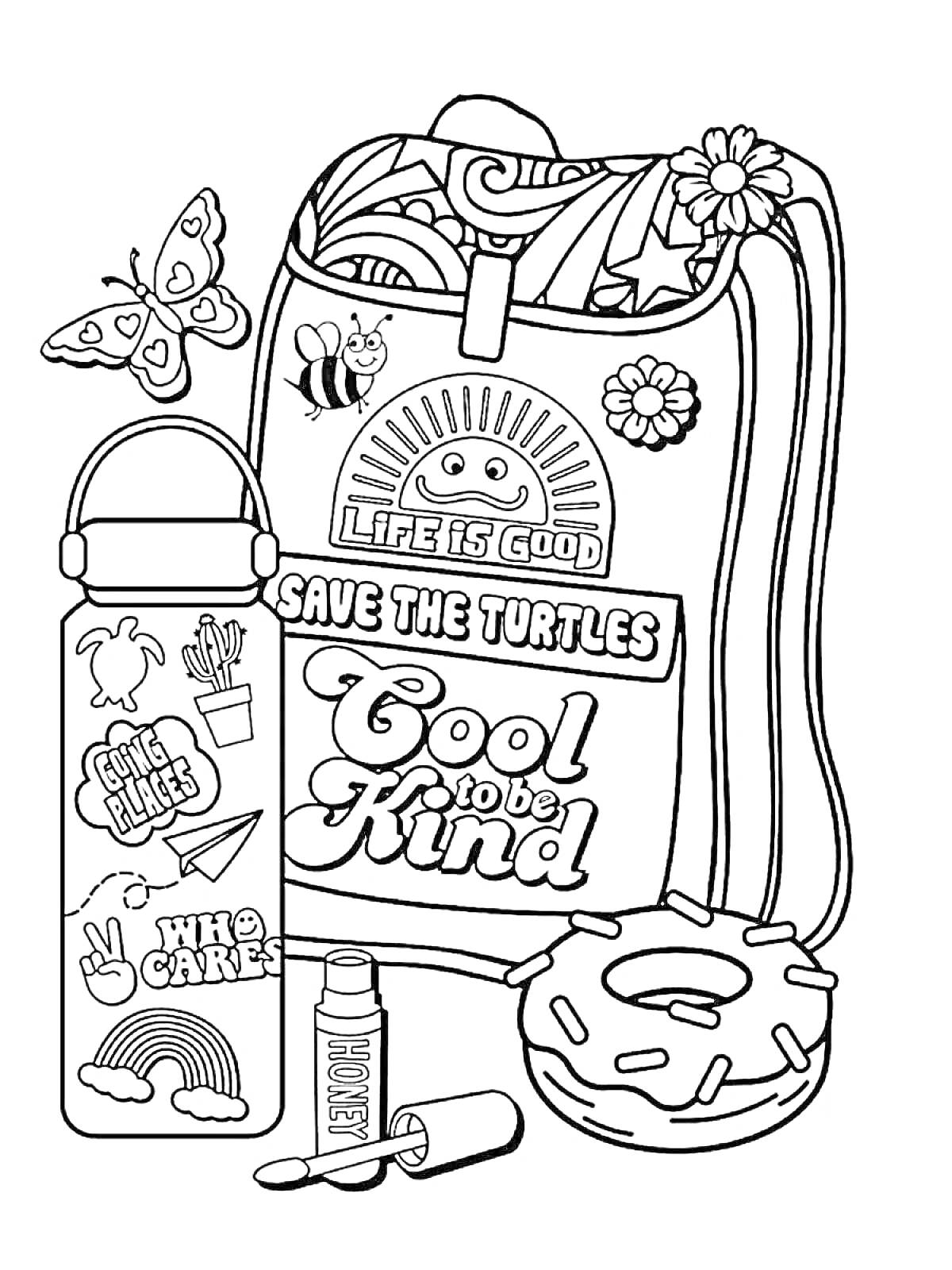 На раскраске изображено: Инди кид, Рюкзак, Бутылка, Наклейки, Пончик, Бальзам для губ, Бабочка