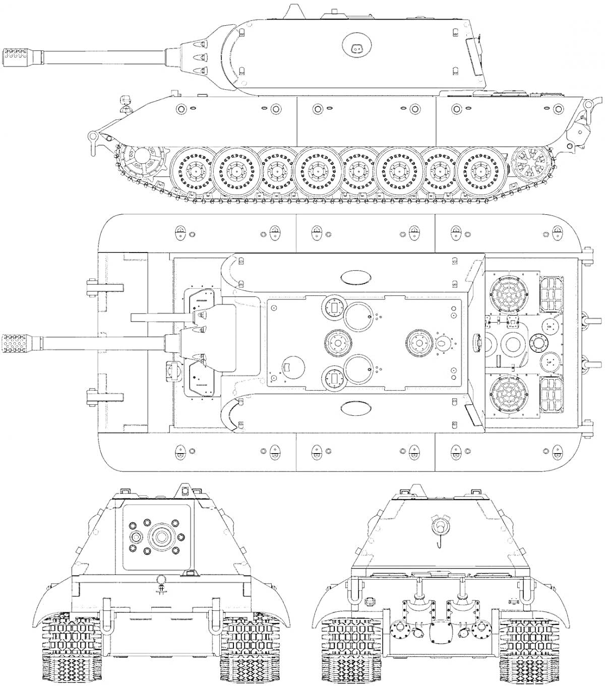 Раскраска Вид сбоку, сверху и спереди на танк E100 с деталями корпуса, гусеницами и орудиями