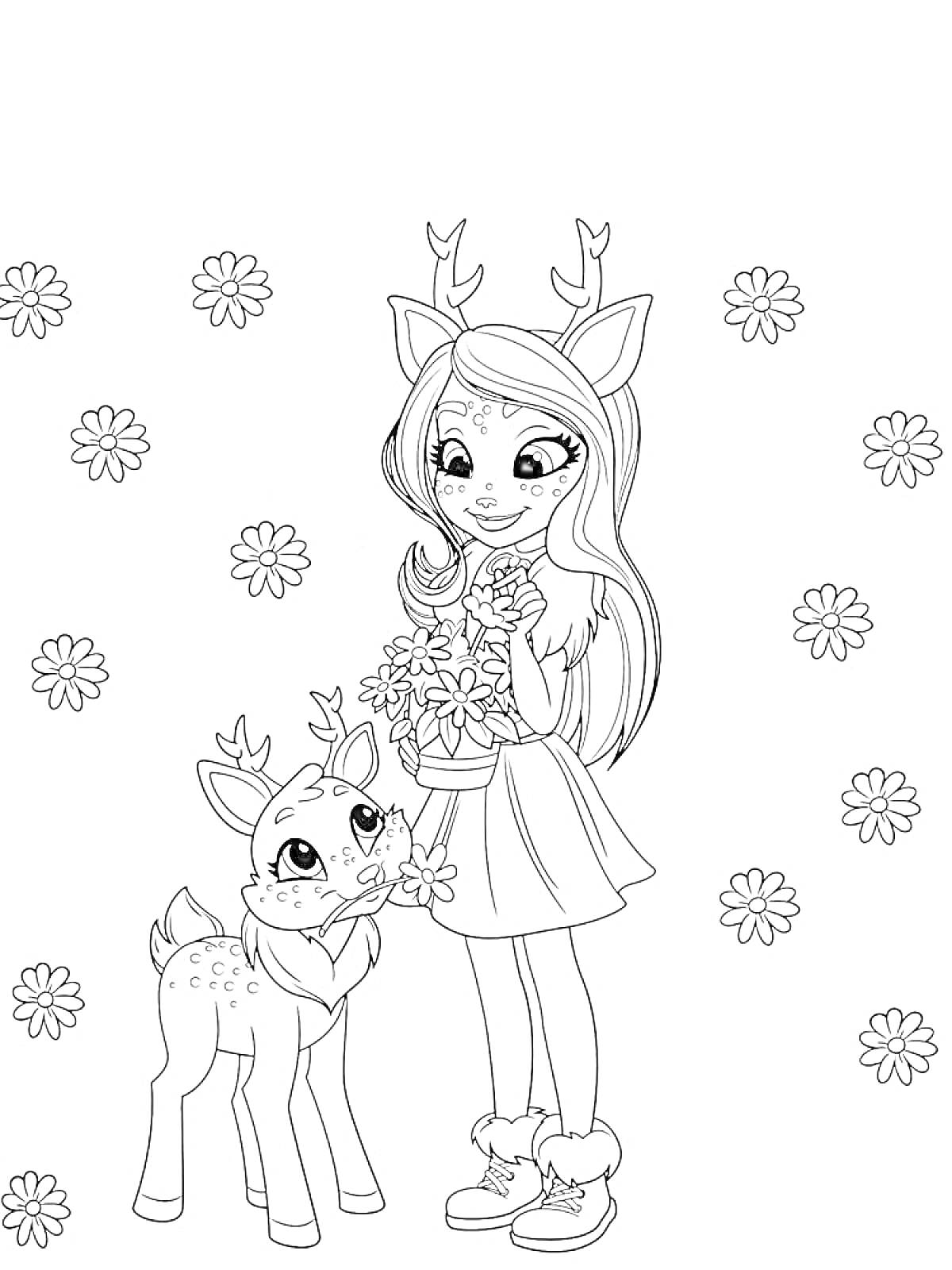 Раскраска Девочка-олень с букетом цветов и олененок на фоне цветов.