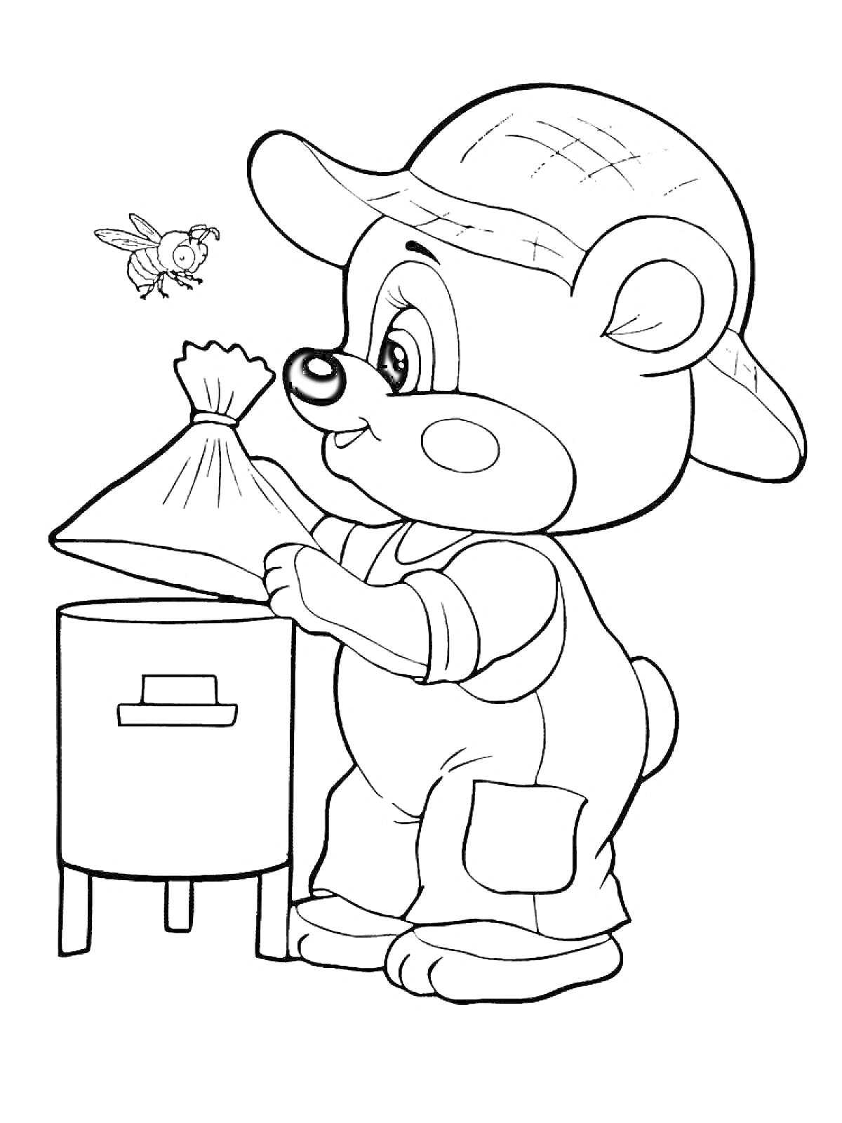 Раскраска Медвежонок в шляпе, собирающий мед на пасеке (медвежонок с мешочком, улей и пчела)