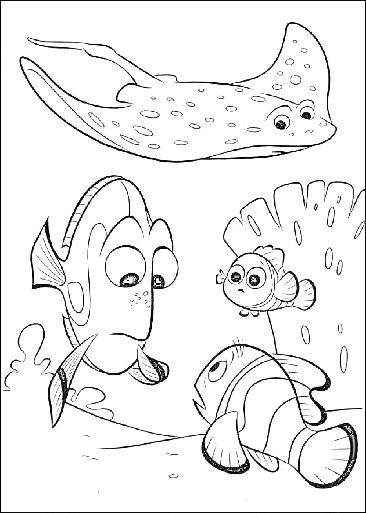 Раскраска Дори и друзья под водой: Дори, Немо, Мистер Скат и другой рыбке у кораллов