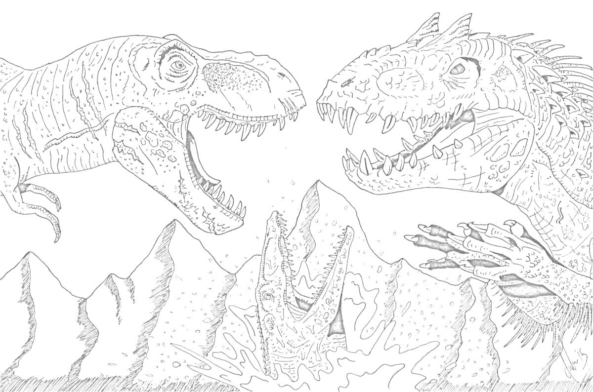 Раскраска Два динозавра, схватившиеся в бою, за горами, третий динозавр выглядывает из воды