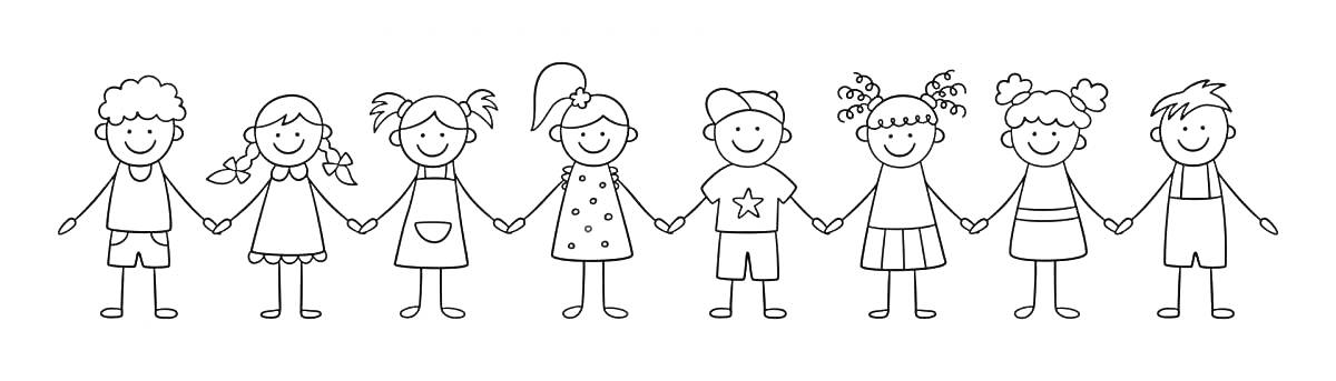 На раскраске изображено: Мальчик, Девочка, Держатся за руки, Дружба, Коллектив