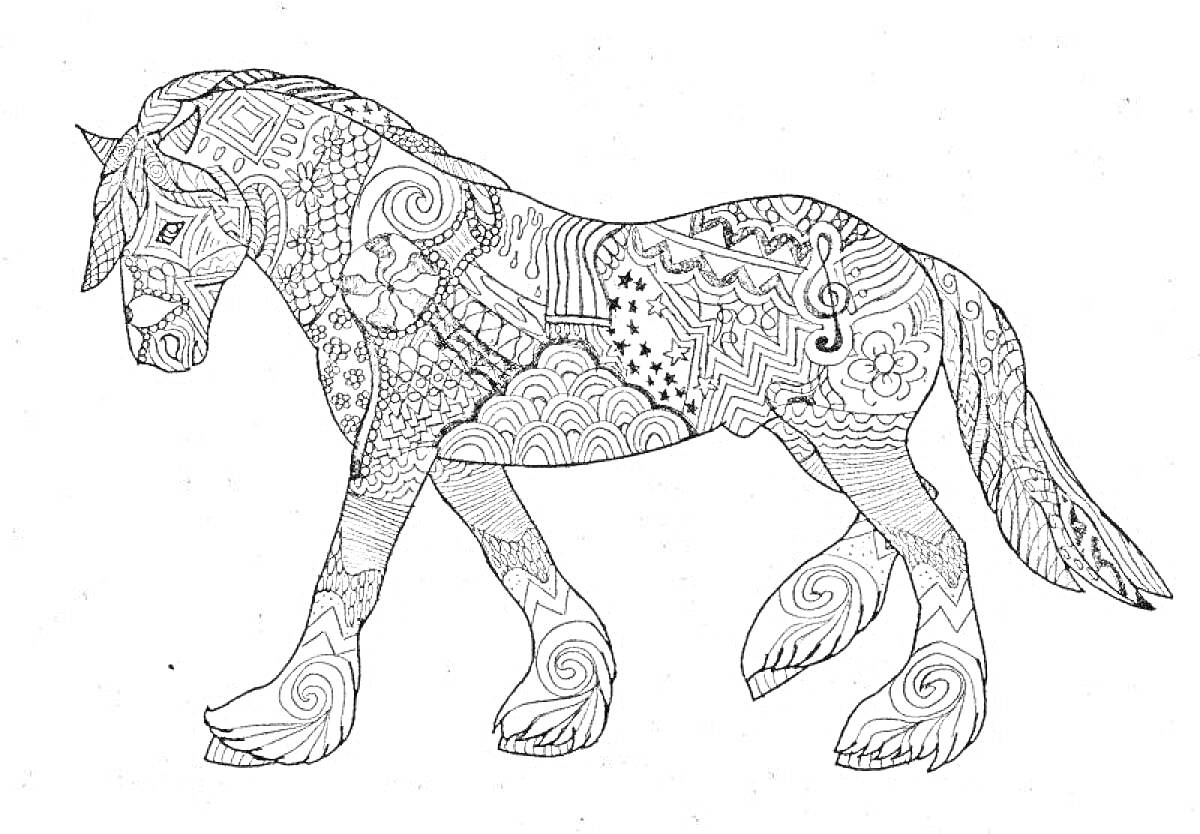 На раскраске изображено: Лошадь, Сложные узоры, Волны, Цветы, Зигзаги, Музыкальные ноты, Абстрактные элементы