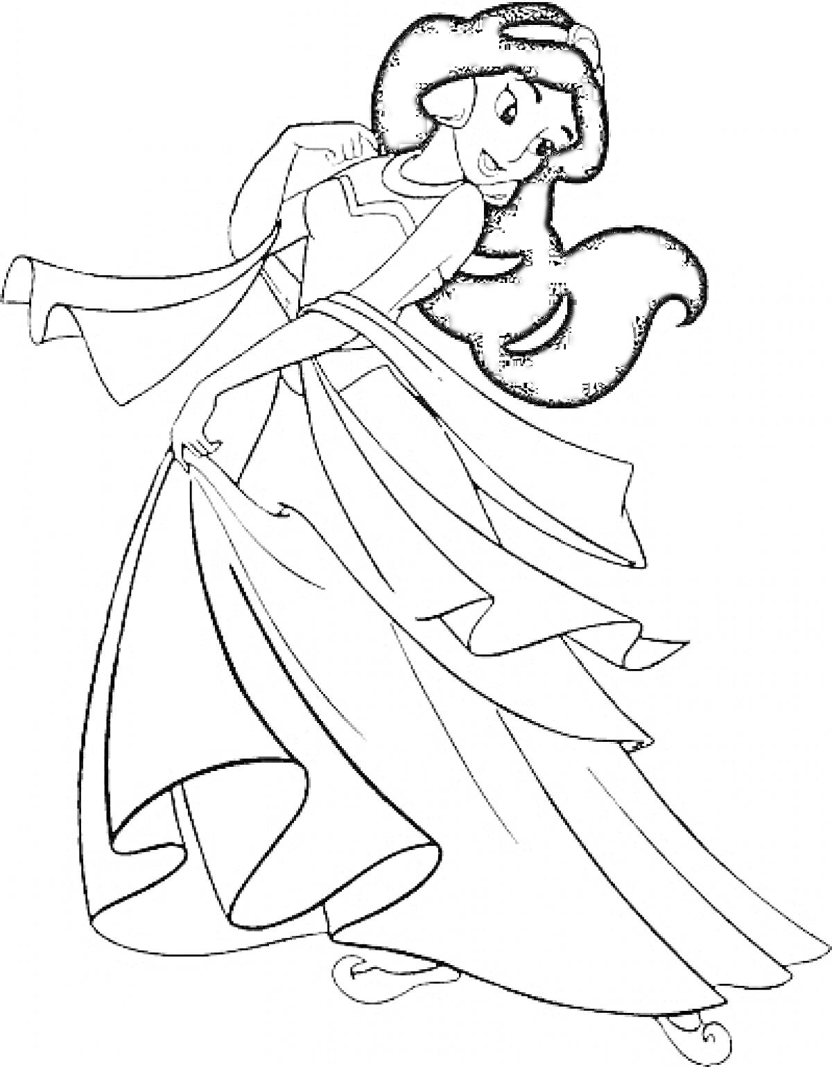 Раскраска Принцесса Жасмин в длинном платье с развевающимся шлейфом и распущенными волосами