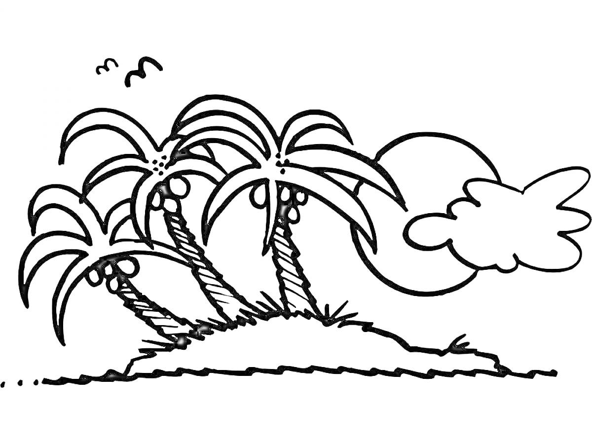 На раскраске изображено: Пальмы, Остров, Природа, Пляж, Тропики, Море, Облака, Птица