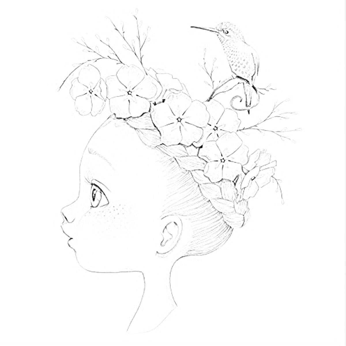 На раскраске изображено: Девочка, Коса, Цветы, Колибри, Профиль, Акварель