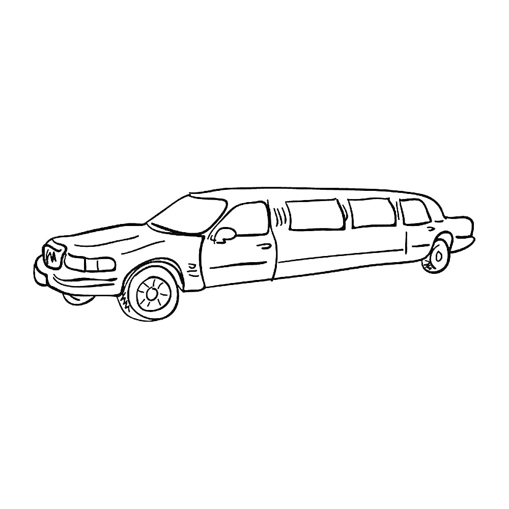 Лимузин с четырьмя дверями и большими окнами, автомобильные колёса, классический передний бампер, задний бампер.