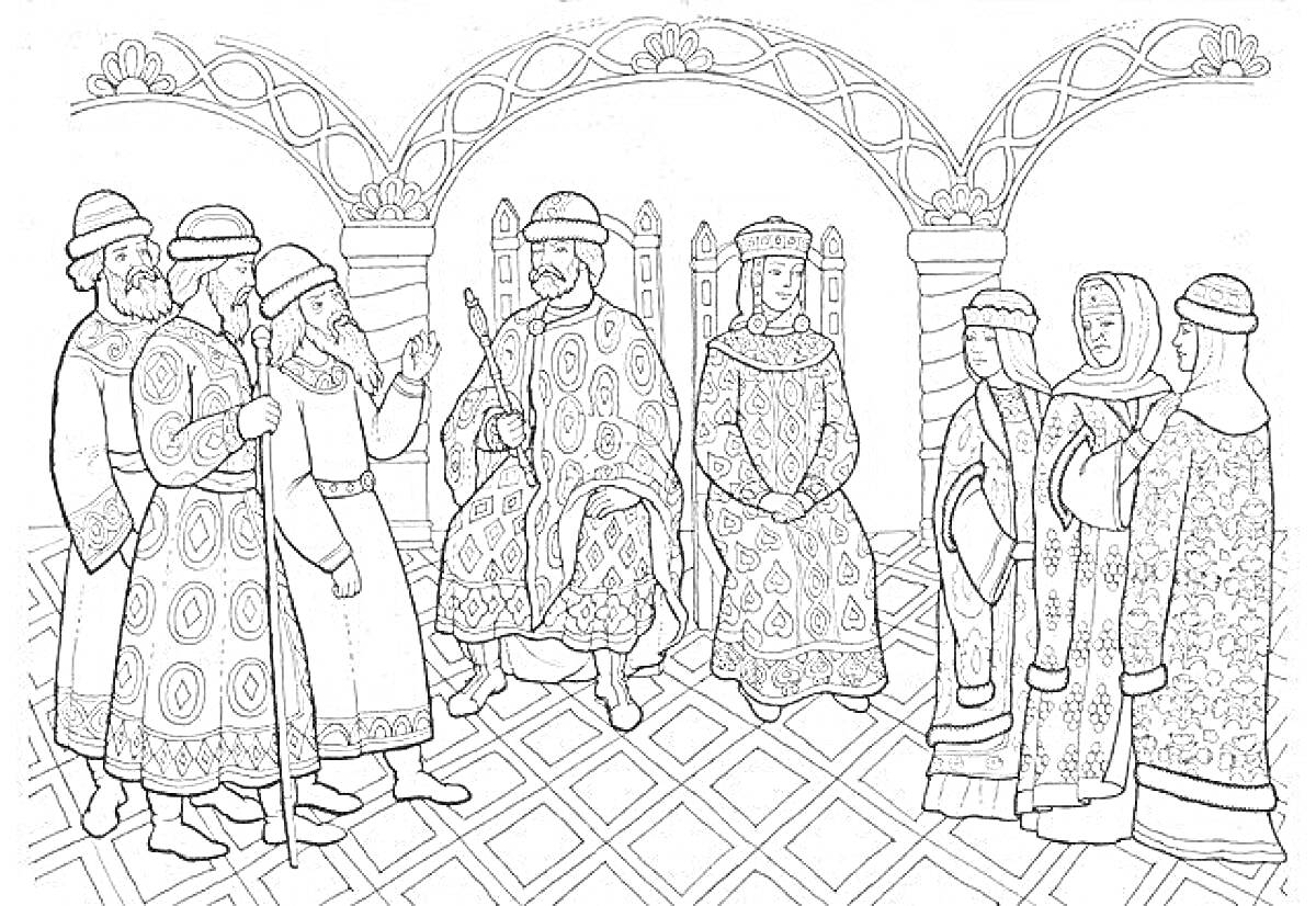 На раскраске изображено: Пир, Теремные палаты, Гости, Трон, Традиционные одежды, Узоры