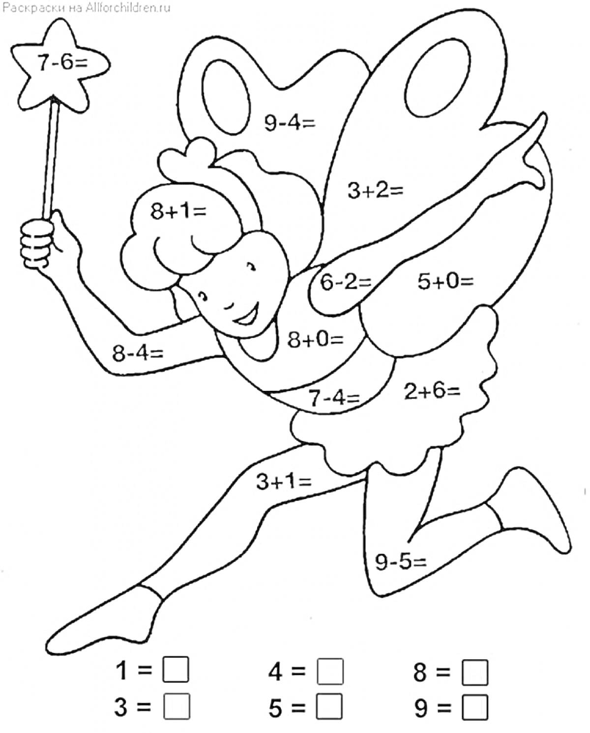 Раскраска Фея с математическими задачами на крыльях и одежде