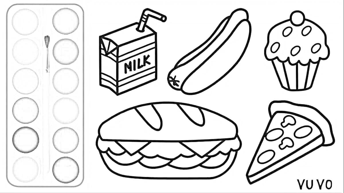 Раскраска Ланч с плей до: набор красок, упаковка молока, хот-дог, кекс, бутерброд, кусок пиццы
