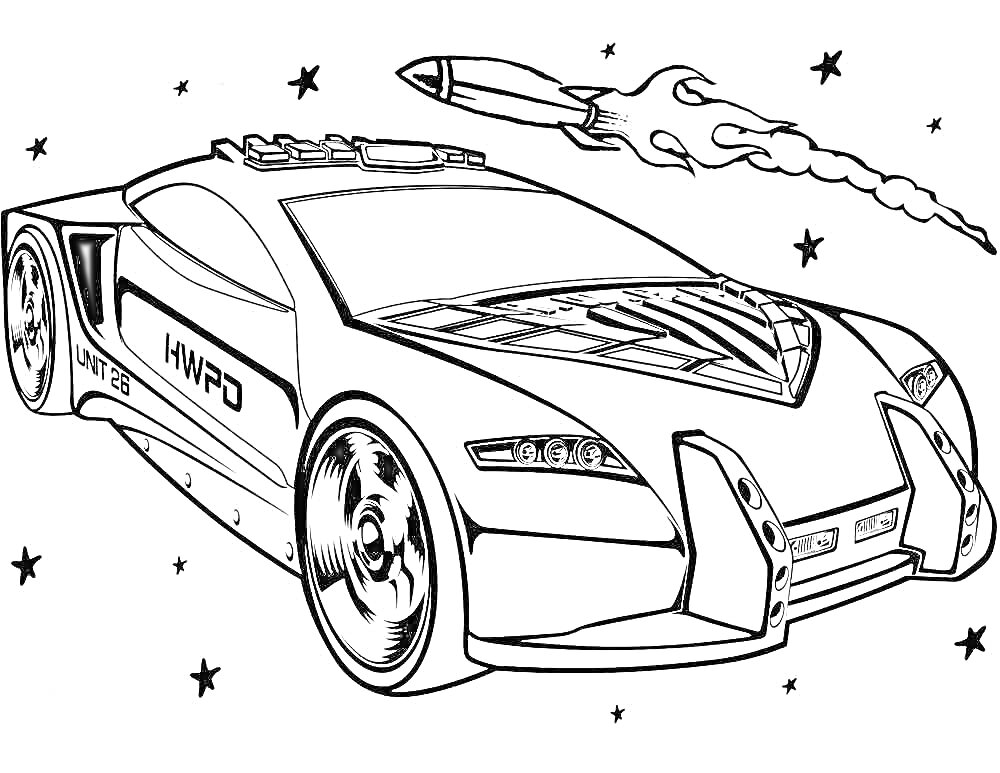 На раскраске изображено: Спортивный автомобиль, Ракета, Звезды, Небо, Авто