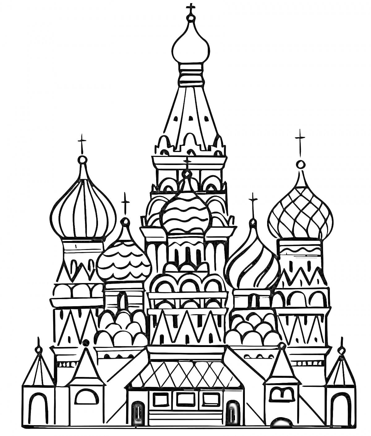 Раскраска Раскраска собора Василия Блаженного с куполами и крестами