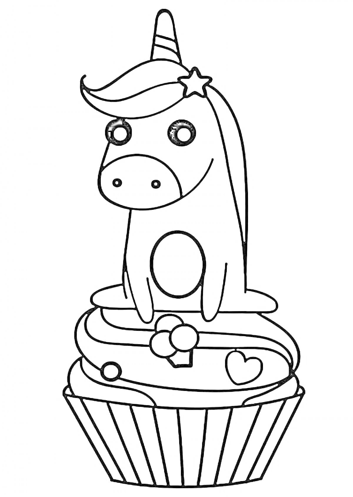 Раскраска Единорог на вершине кекса с украшениями