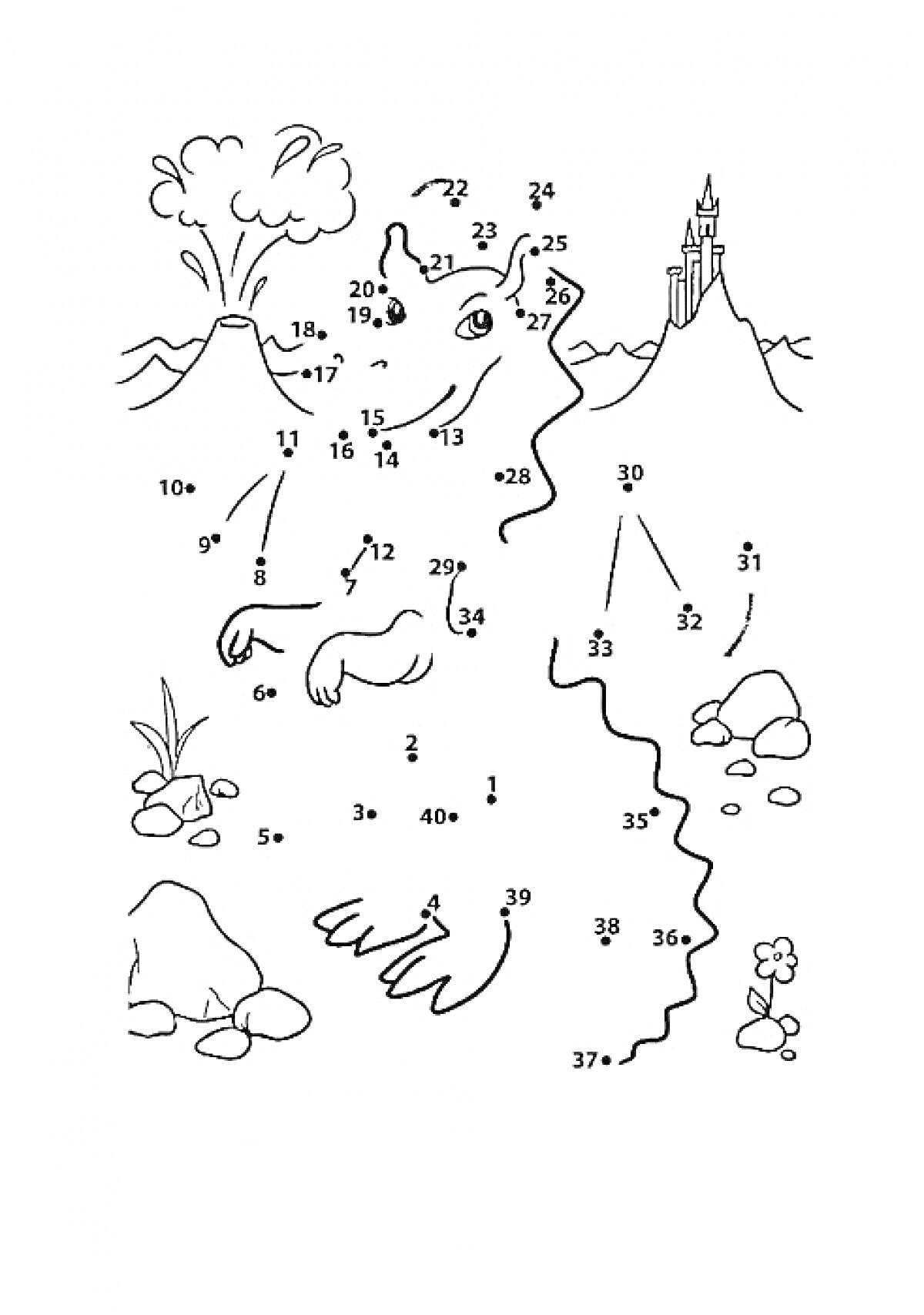 На раскраске изображено: Медведь, Вулкан, Замок, Трава, Камни, По точкам, Природа