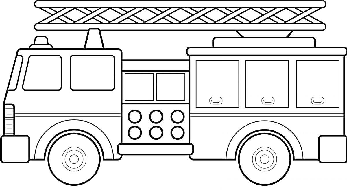 На раскраске изображено: Пожарная машина, Лестница, Оборудование, Колеса, Окна, Для детей, Дверь