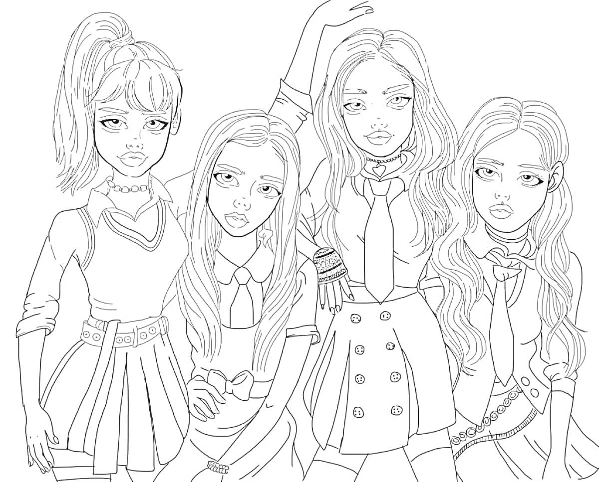 Раскраска Четыре девушки в школьной униформе с разными прическами и аксессуарами