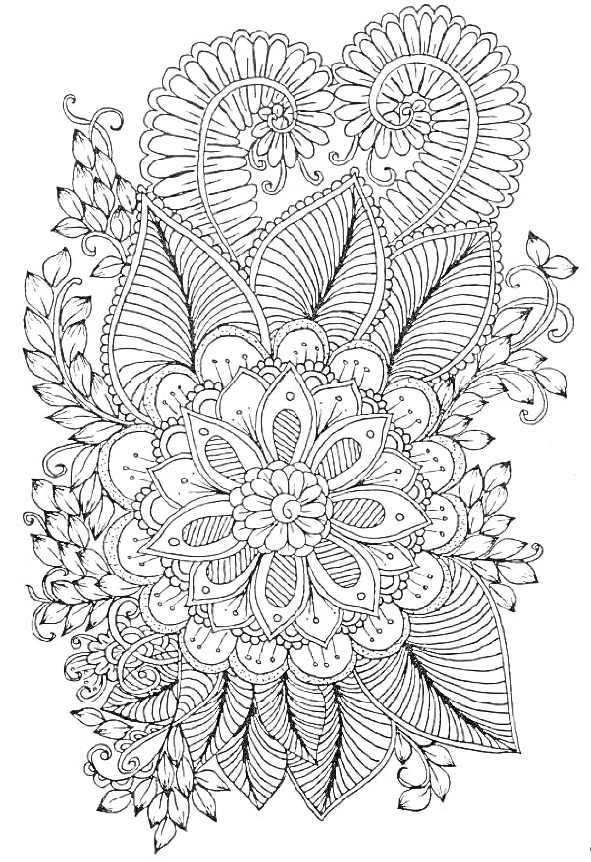 Раскраска Антистресс раскраска с цветами, листьями и абстрактными узорами