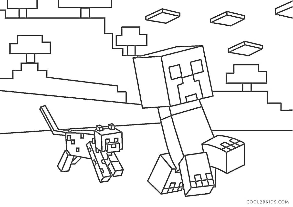 Раскраска Игрок и кошка на фоне блоков и деревьев в стиле Майнкрафт