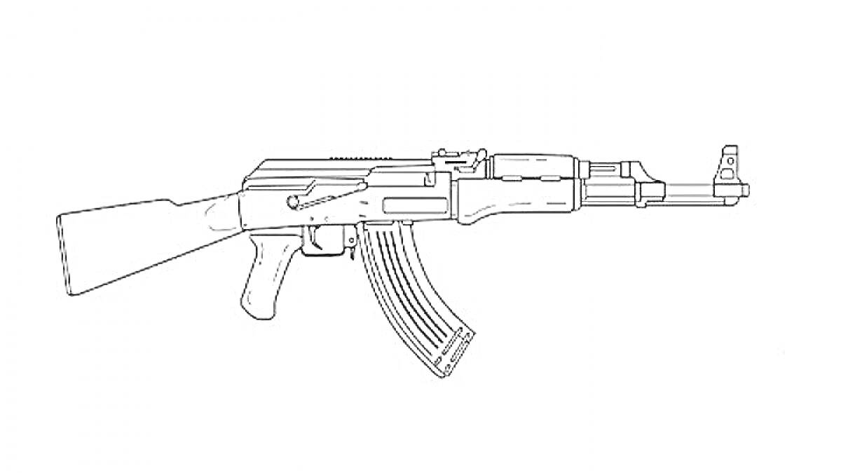 На раскраске изображено: Автомат, АК-47, Оружие, Калашников, Приклад, Магазин, Прицел, Стрелковое оружие