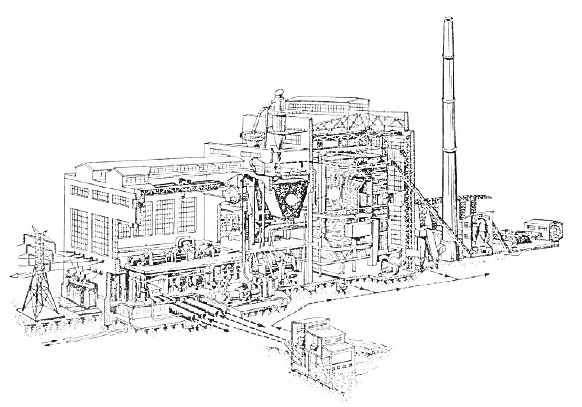 Раскраска Электростанция с трубой, зданиями, линиями электропередач, технологиями