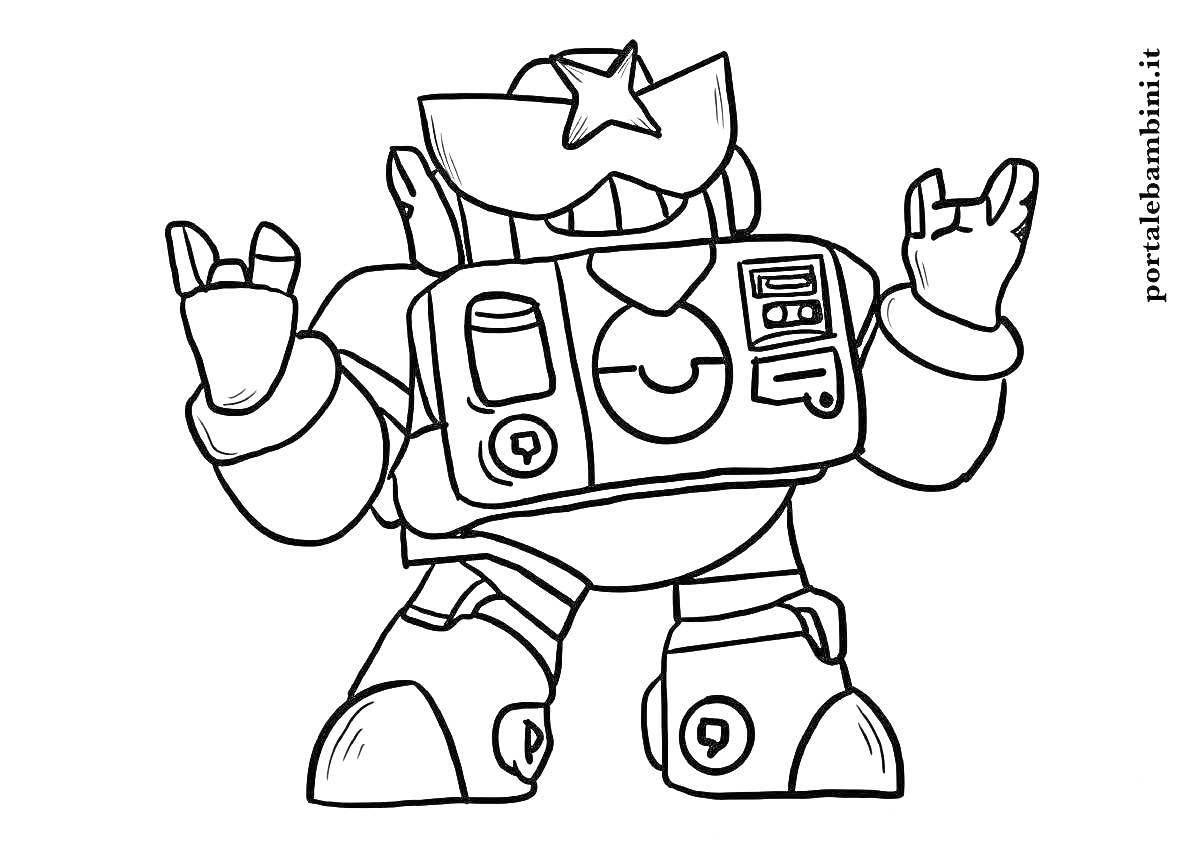 Раскраска Робот-ковбой из игры Brawl Stars, с звездой на шляпе, поднятыми руками и крупными механическими частями на корпусе