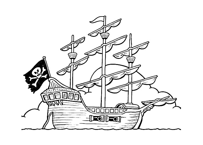 Раскраска Пиратский корабль с парусами, черный пиратский флаг с черепом и костями, облака, море.