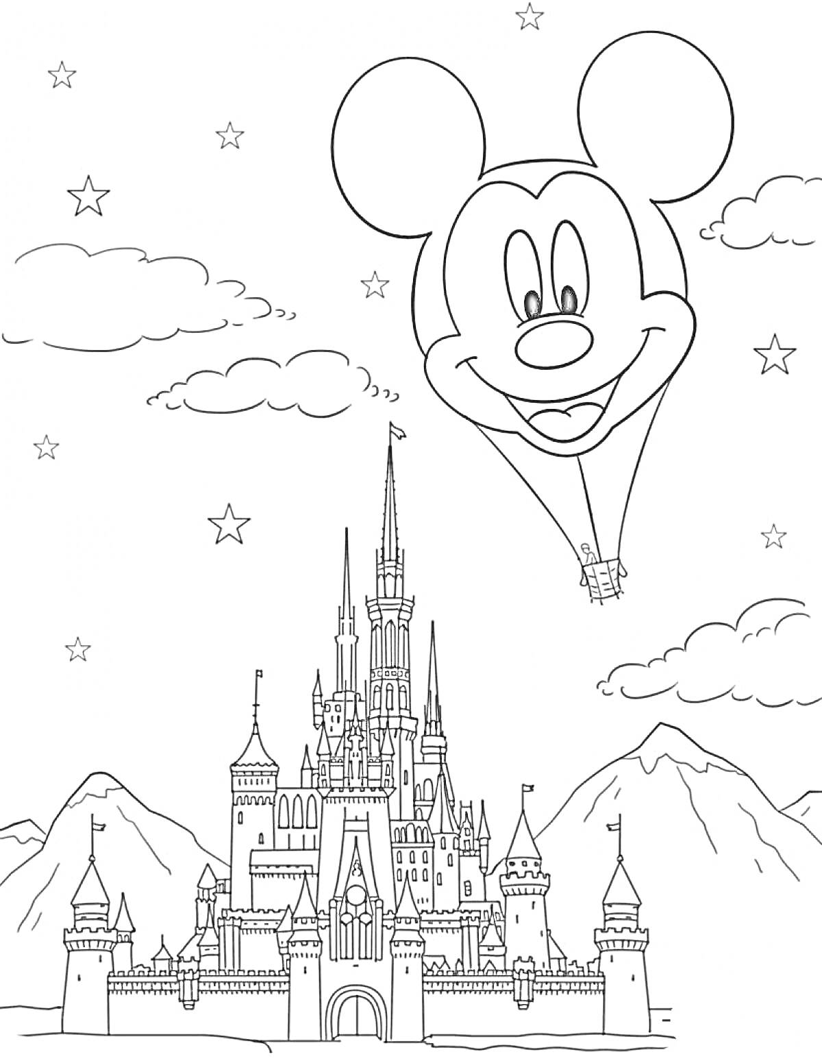 На раскраске изображено: Франция, Замок, Микки Маус, Горы, Облака, Звезды, Воздушные шары