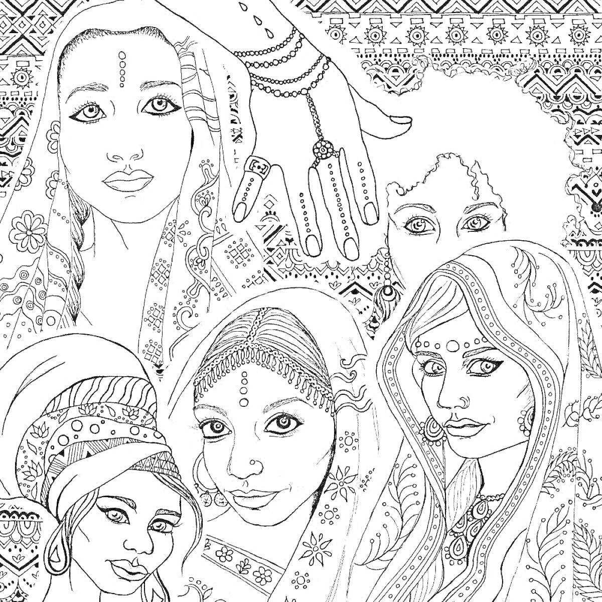 На раскраске изображено: Индианка, Традиционная одежда, Украшения, Узоры, Портреты, Рука, Этнические мотивы