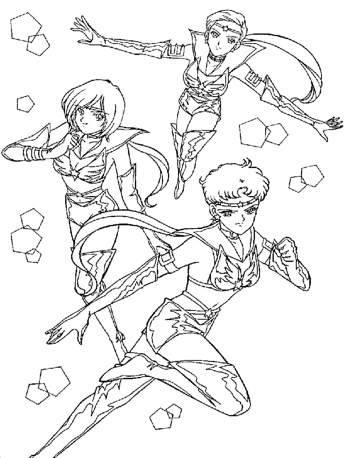 Раскраска Три воина в костюмах Сейлормун с геометрическими фигурами