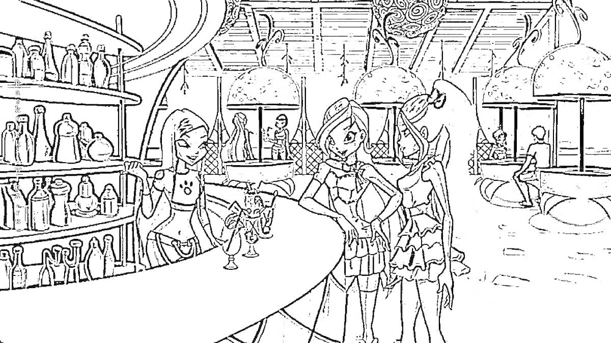 Раскраска Кафе с барной стойкой, полками с бутылками, три женщины за стойкой, высокие табуреты, столики с людьми, подвесные светильники, арочные окна
