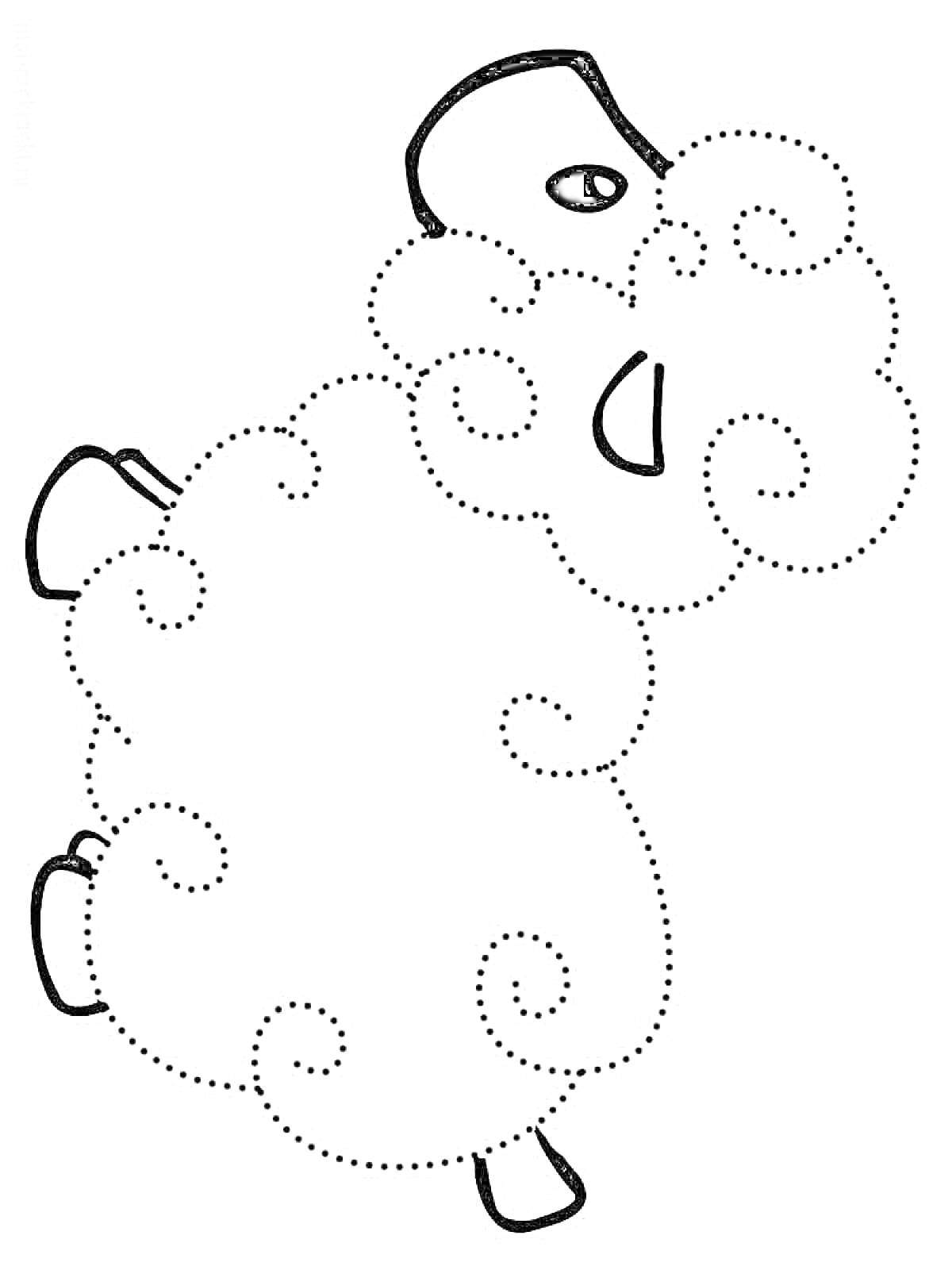 Раскраска Овца с кучерявой шерстью, выполненная по точкам, с глазом, ухом и копытцем